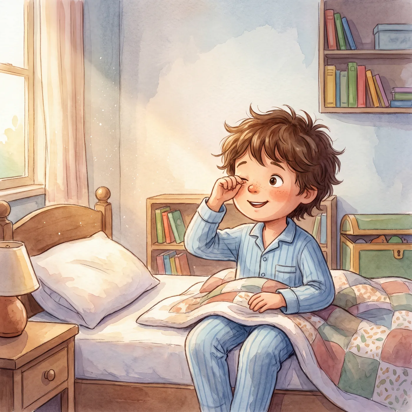 A young boy in striped pyjamas wakes up in bed, rubbing one eye and smiling in his cosy bedroom.