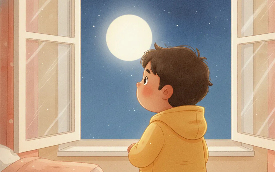 Ravi illustrated for “Goodnight, Little Moon”: at the window looking up at a big round moon in a starry sky.