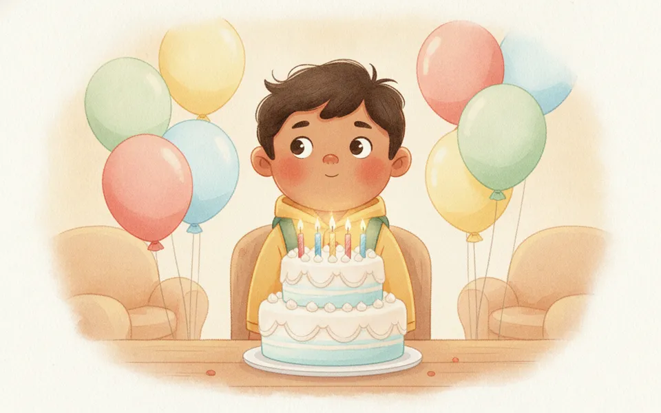 Ravi illustrated for “The Birthday Adventure”: in front of a birthday cake with lit candles and balloons.