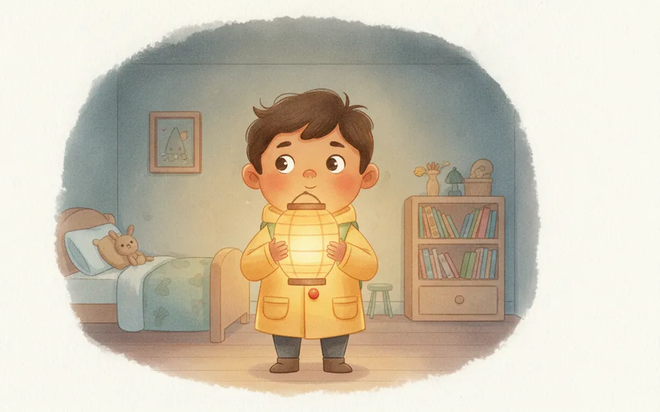 Ravi illustrated for “Braver Than I Know”: holding a glowing paper lantern in a cosy bedroom at night.
