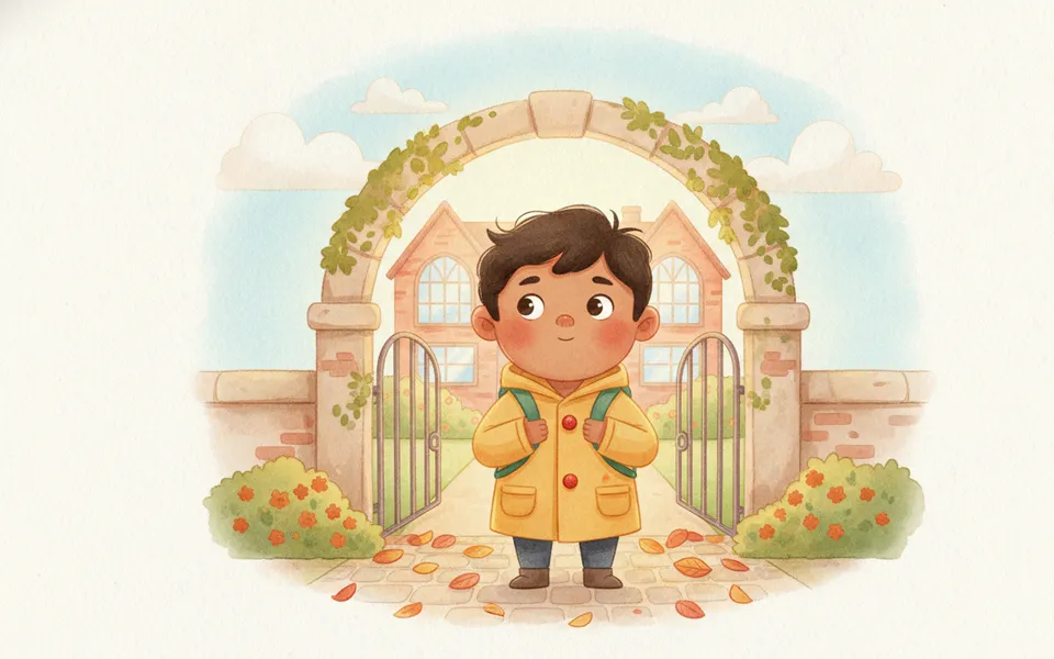 Ravi illustrated for “First Day at School”: at the school gate with a small backpack on a bright morning.