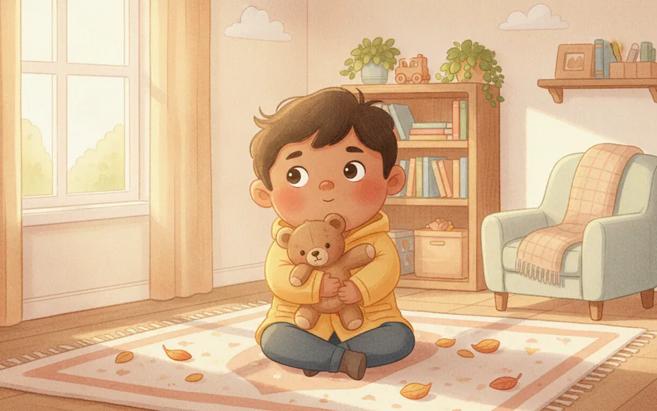 Ravi illustrated for “The Lost Toy”: hugging a favourite teddy bear in a sunlit bedroom.