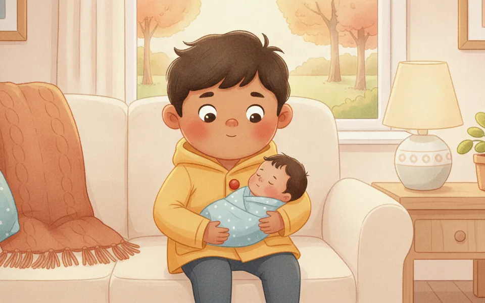 Ravi illustrated for “A New Little One”: gently meeting a new baby together on a soft sofa at home.
