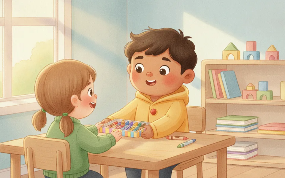 Ravi illustrated for “Sharing Is Caring”: sharing a box of colourful crayons with a friend at a classroom table.