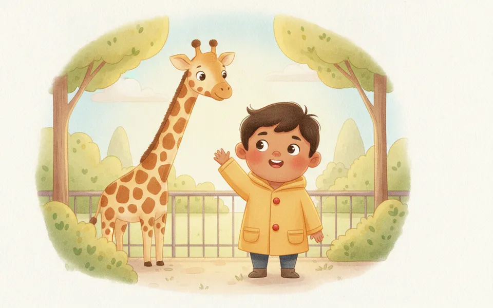 Ravi illustrated for “A Day at the Zoo”: waving at a tall, friendly giraffe on a sunny day.