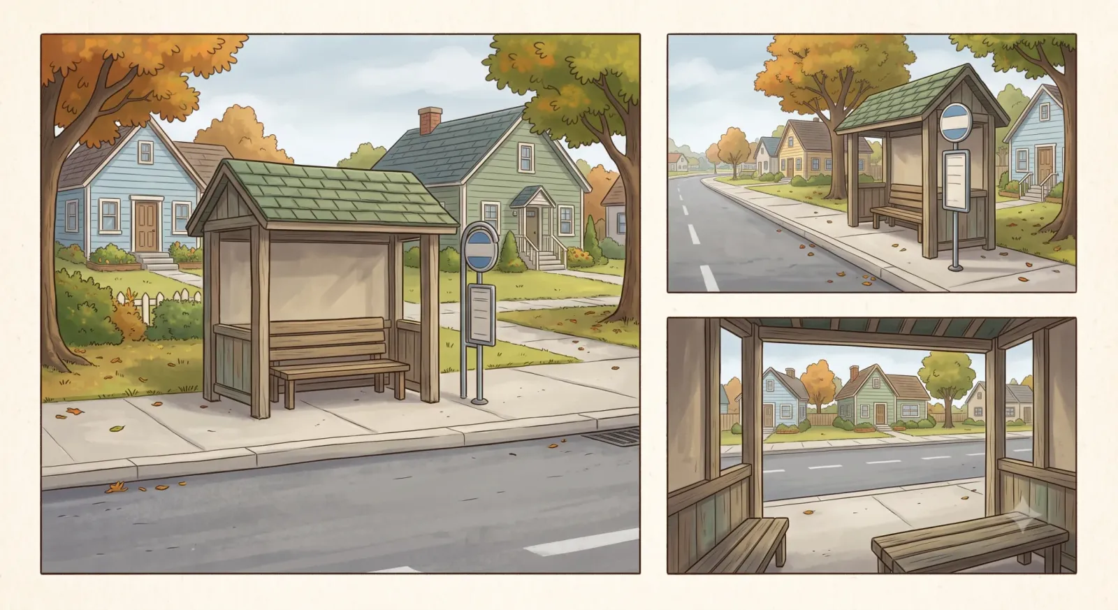 Environment reference sheet for a bus stop, a wooden shelter with a green roof and bench beside a suburban road with a bus-stop sign, autumn trees and cottages, shown from the street, along the pavement and looking out from inside the shelter.