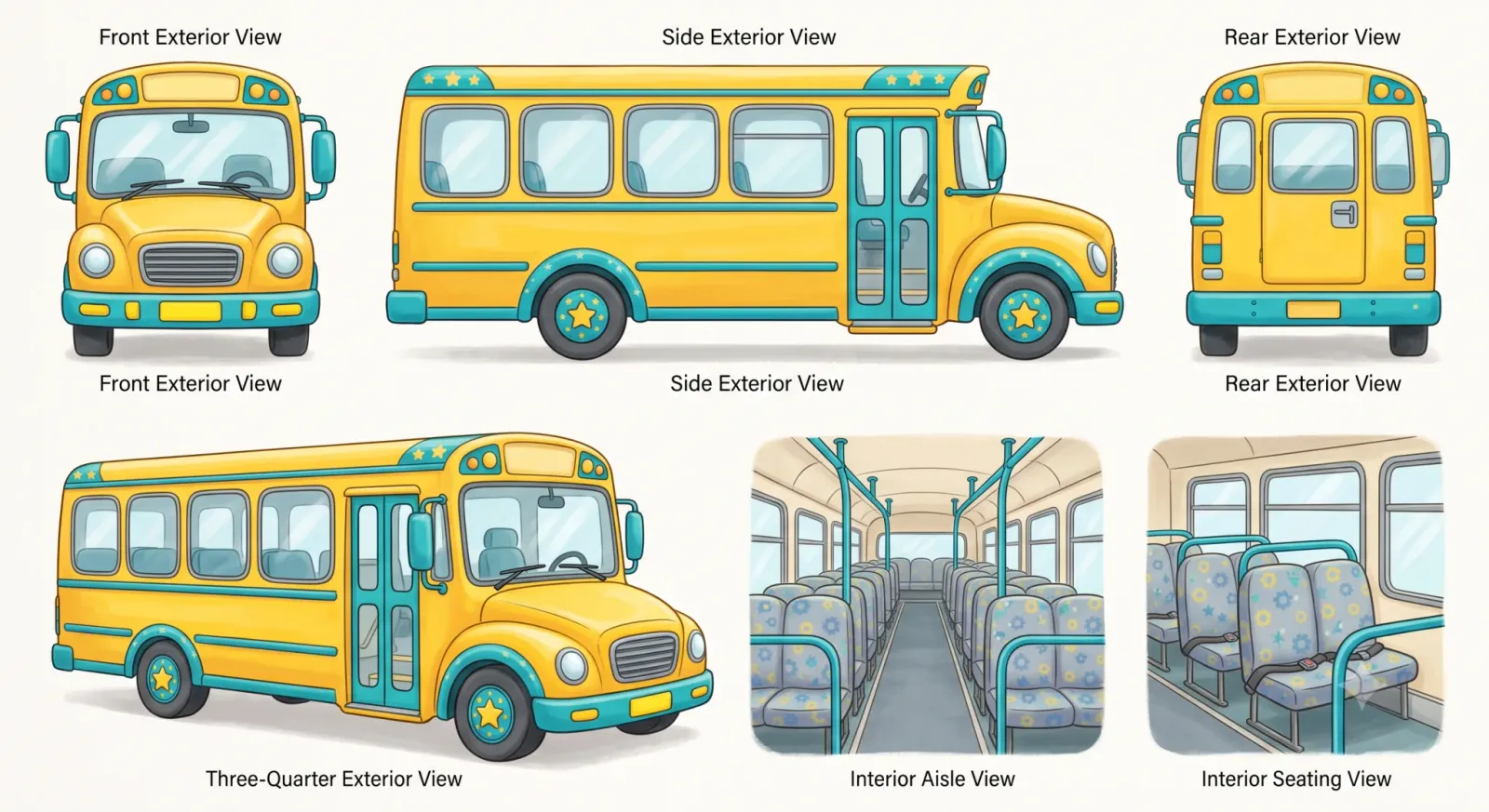 Environment reference sheet for a yellow school bus with teal trim and star details, shown in front, side, rear and three-quarter exterior views plus interior aisle and seating views.