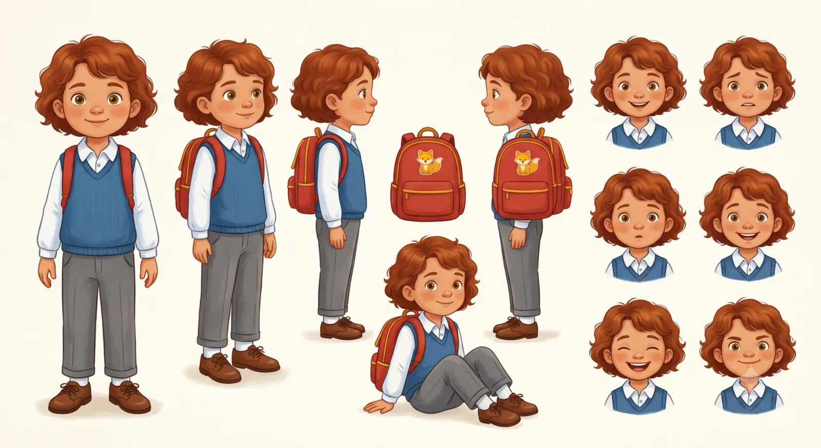 Character reference sheet for a young child with curly reddish-brown hair in a school uniform of a white shirt, blue tank top and grey trousers, shown standing from the front, three-quarter, side and back, sitting down, and in a grid of six facial expressions, beside a red backpack with a fox badge.
