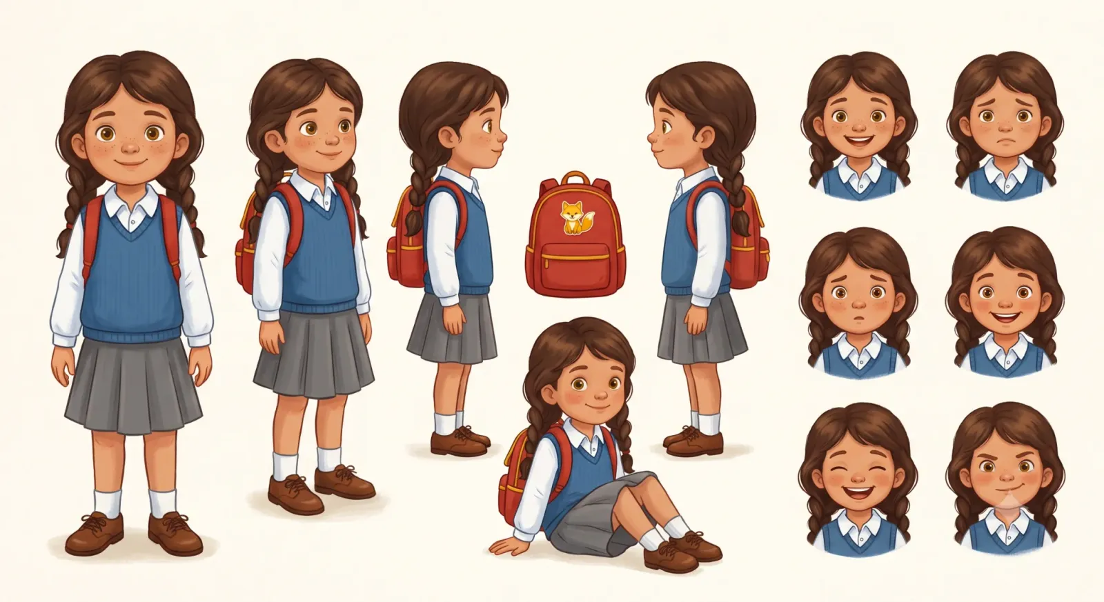 Character reference sheet for a young child with long dark-brown braided hair and freckles, in a school uniform with a grey pleated skirt, shown from the front, three-quarter, side and back, sitting down, and in a grid of six facial expressions, beside a red fox-badge backpack.
