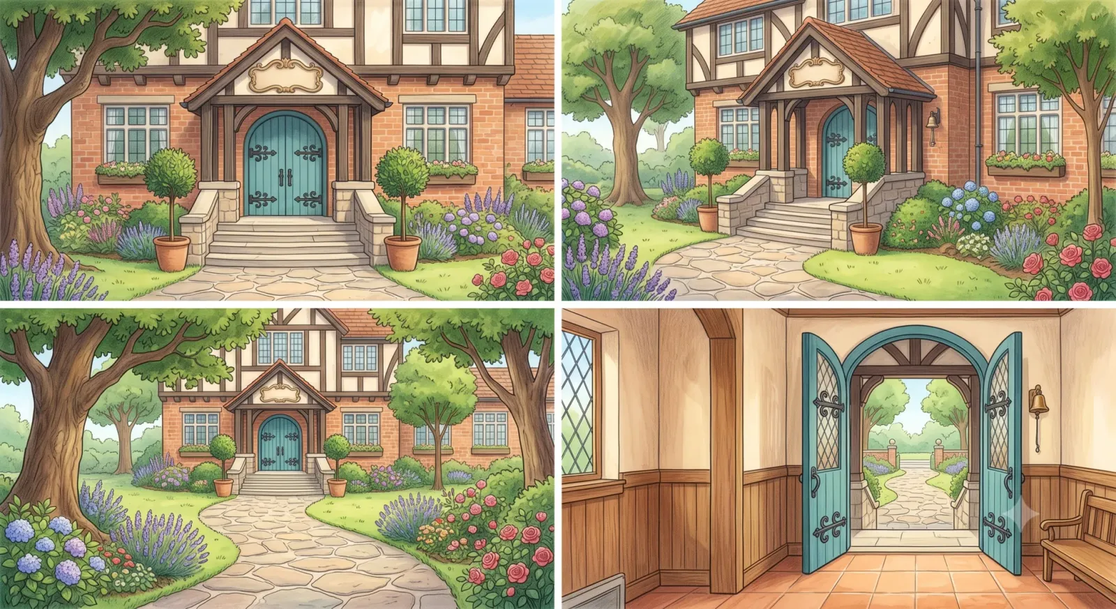 Environment reference sheet for a school gate and entrance, a brick building with arched teal double doors, stone steps and a cottage garden of lavender and roses, shown from several angles, including a view looking out through the open doors.