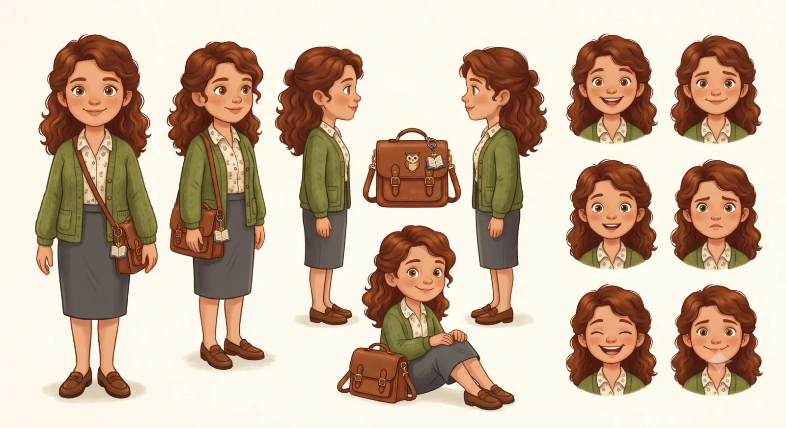 Character reference sheet for a woman teacher with curly auburn hair, wearing a green cardigan over a floral blouse and a grey skirt, shown from the front, three-quarter, side and back, sitting down, and in a grid of six facial expressions, beside a brown leather satchel with an owl charm.