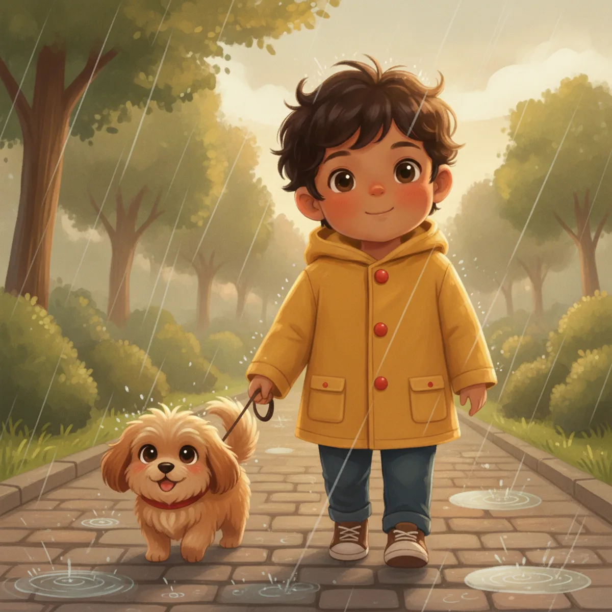 Ravi illustrated in the Soft anime storybook style — walking a small dog in the rain