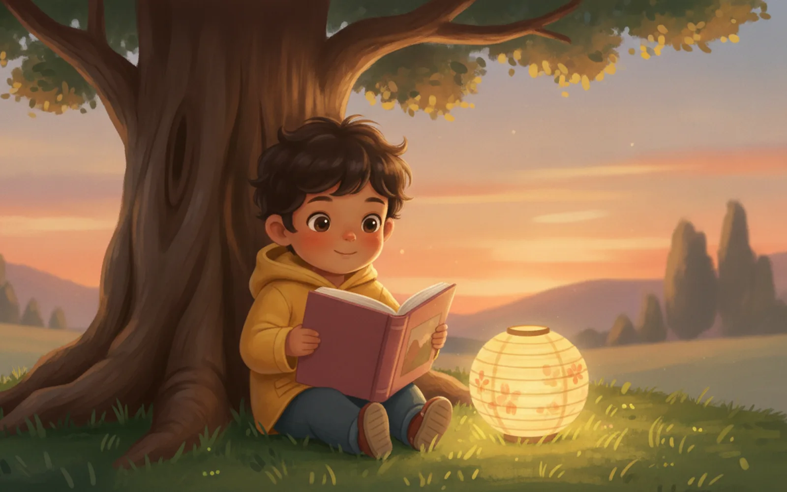 Ravi illustrated in the Soft anime storybook style — reading under a tree by a paper lantern