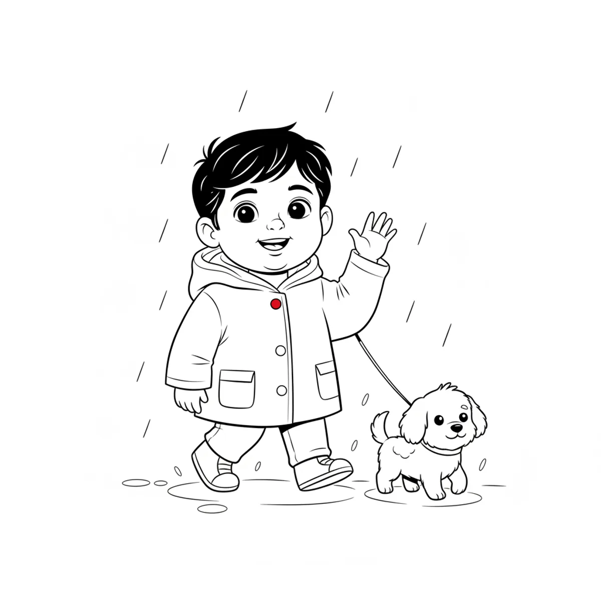 Ravi illustrated in the Black & white line art style — walking a small dog in the rain
