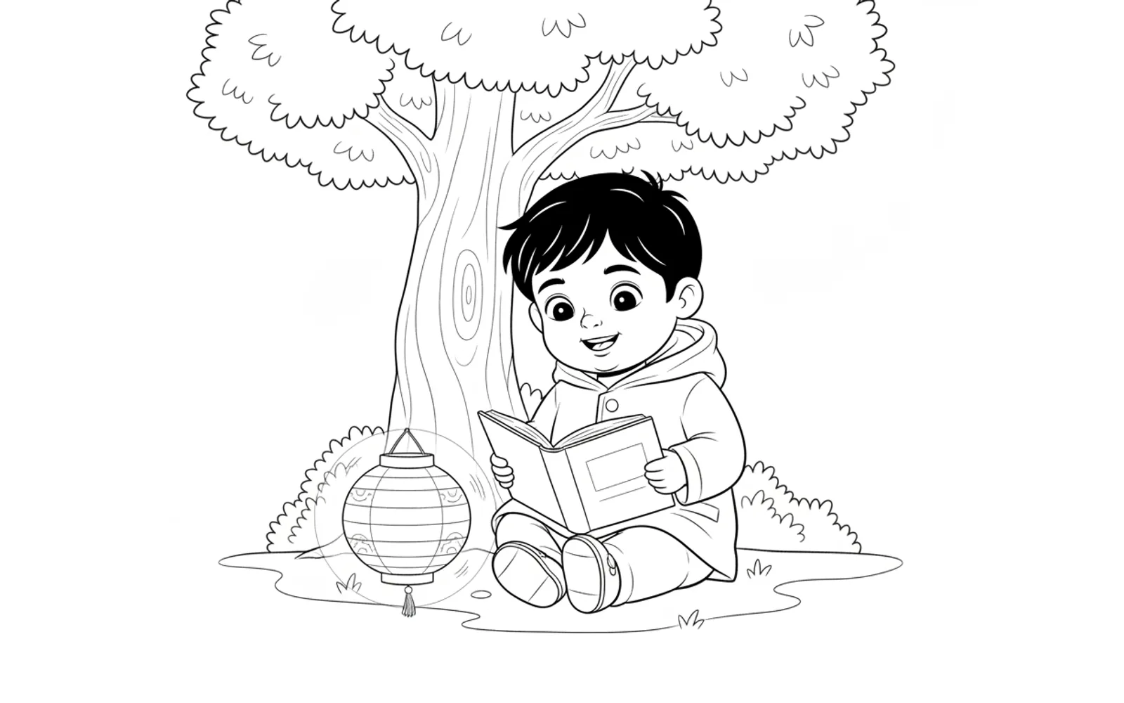 Ravi illustrated in the Black & white line art style — reading under a tree by a paper lantern