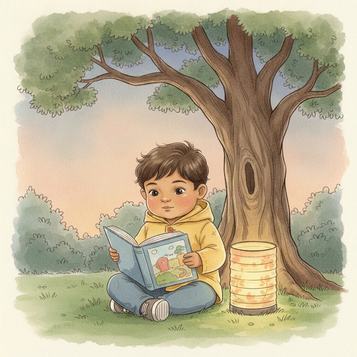 Ravi illustrated in the Classic ink & wash style — reading under a tree by a paper lantern