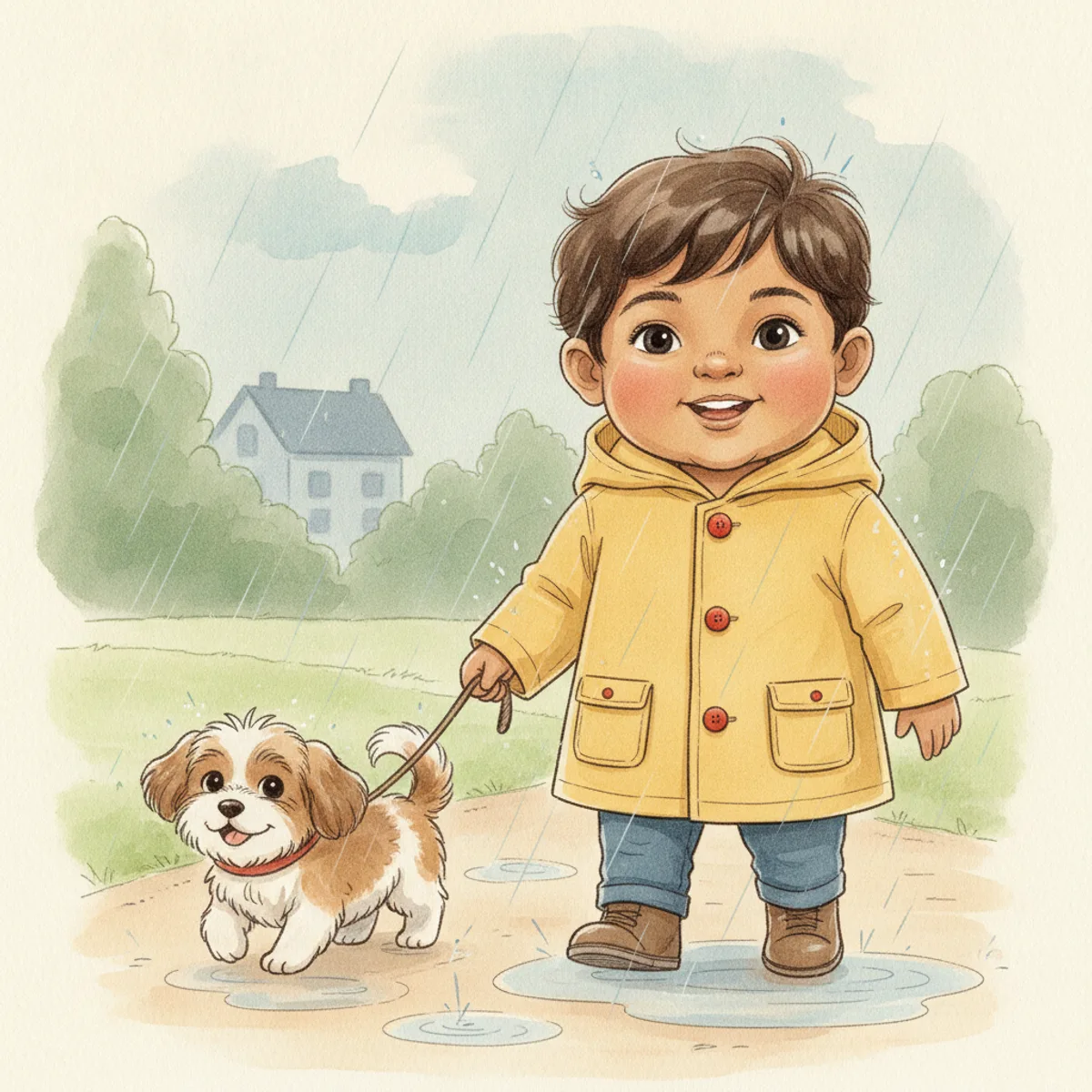 Ravi illustrated in the Classic ink & wash style — walking a small dog in the rain