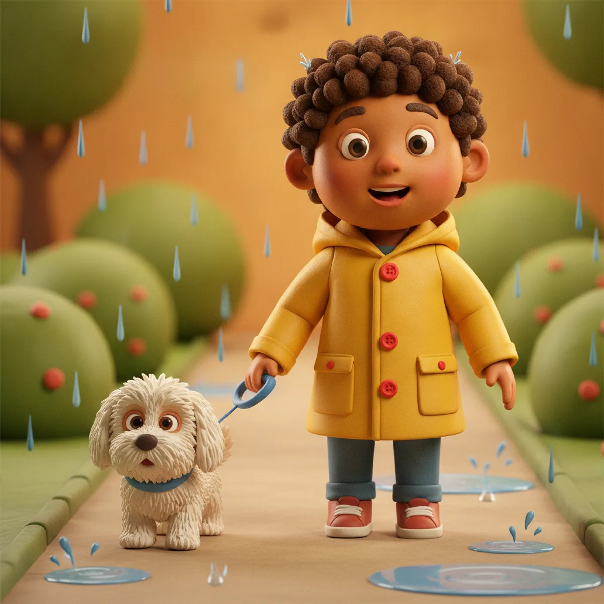 Ravi illustrated in the Claymation style — walking a small dog in the rain