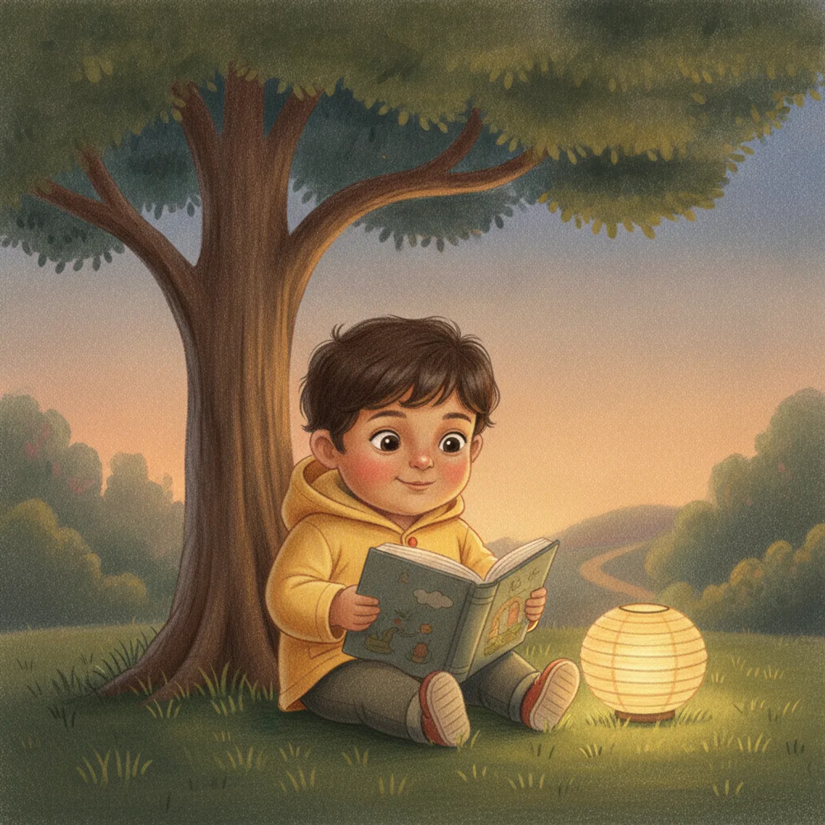 Ravi illustrated in the Coloured pencil style — reading under a tree by a paper lantern
