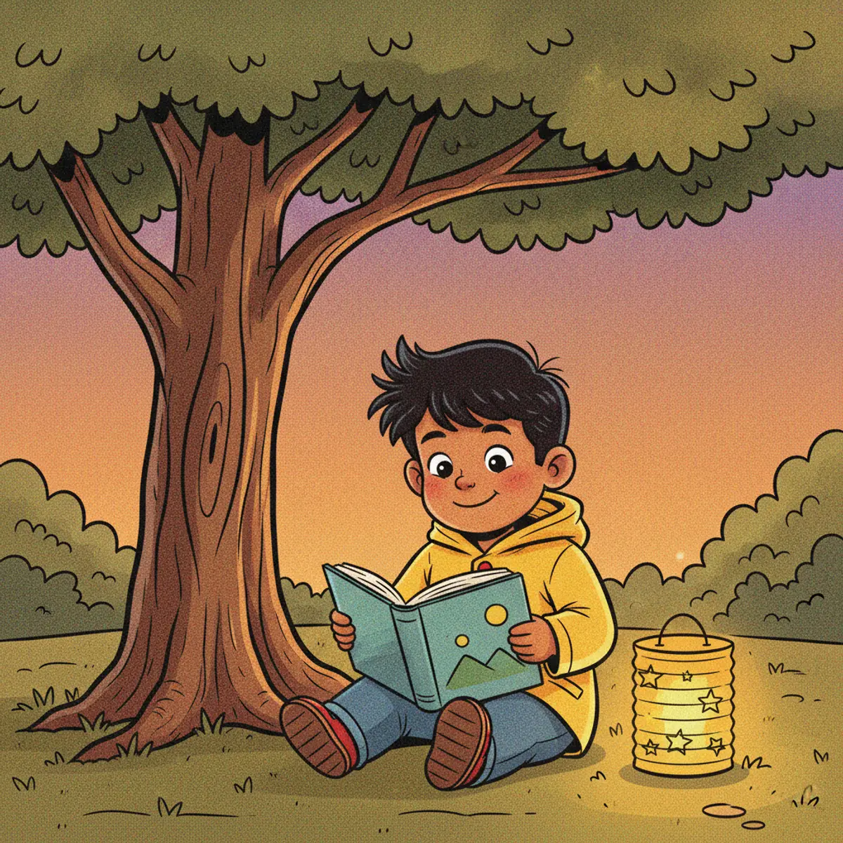 Ravi illustrated in the Comic storybook style — reading under a tree by a paper lantern