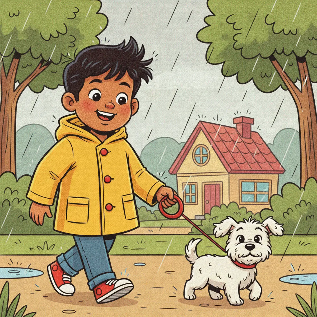 Ravi illustrated in the Comic storybook style — walking a small dog in the rain
