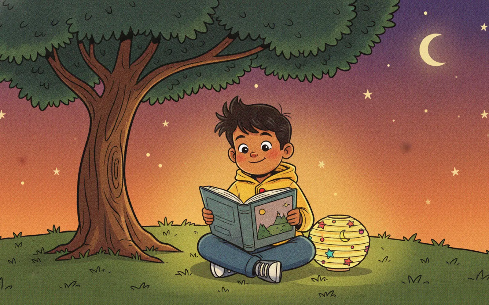 Ravi illustrated in the Comic storybook style — reading under a tree by a paper lantern