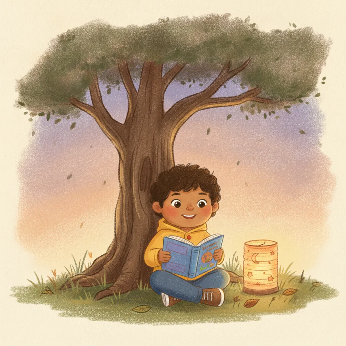 Ravi illustrated in the Crayon storybook style — reading under a tree by a paper lantern