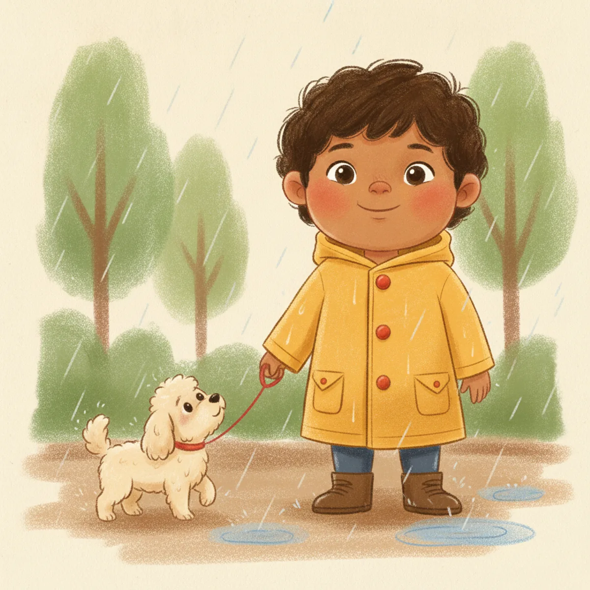 Ravi illustrated in the Crayon storybook style — walking a small dog in the rain