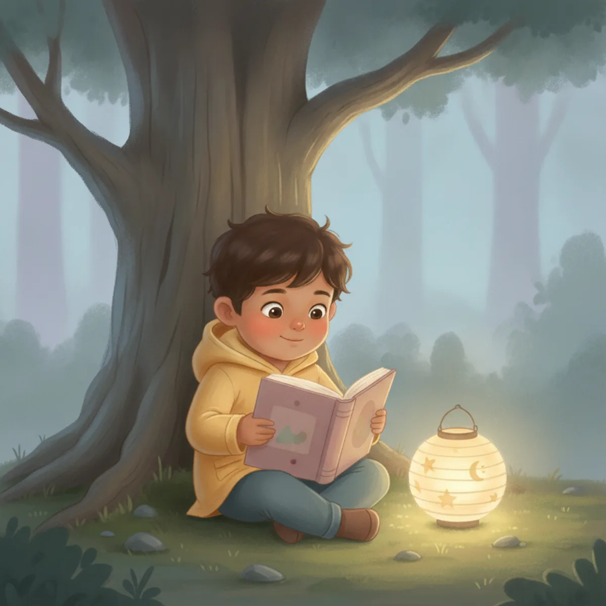 Ravi illustrated in the Dreamy pastel style — reading under a tree by a paper lantern
