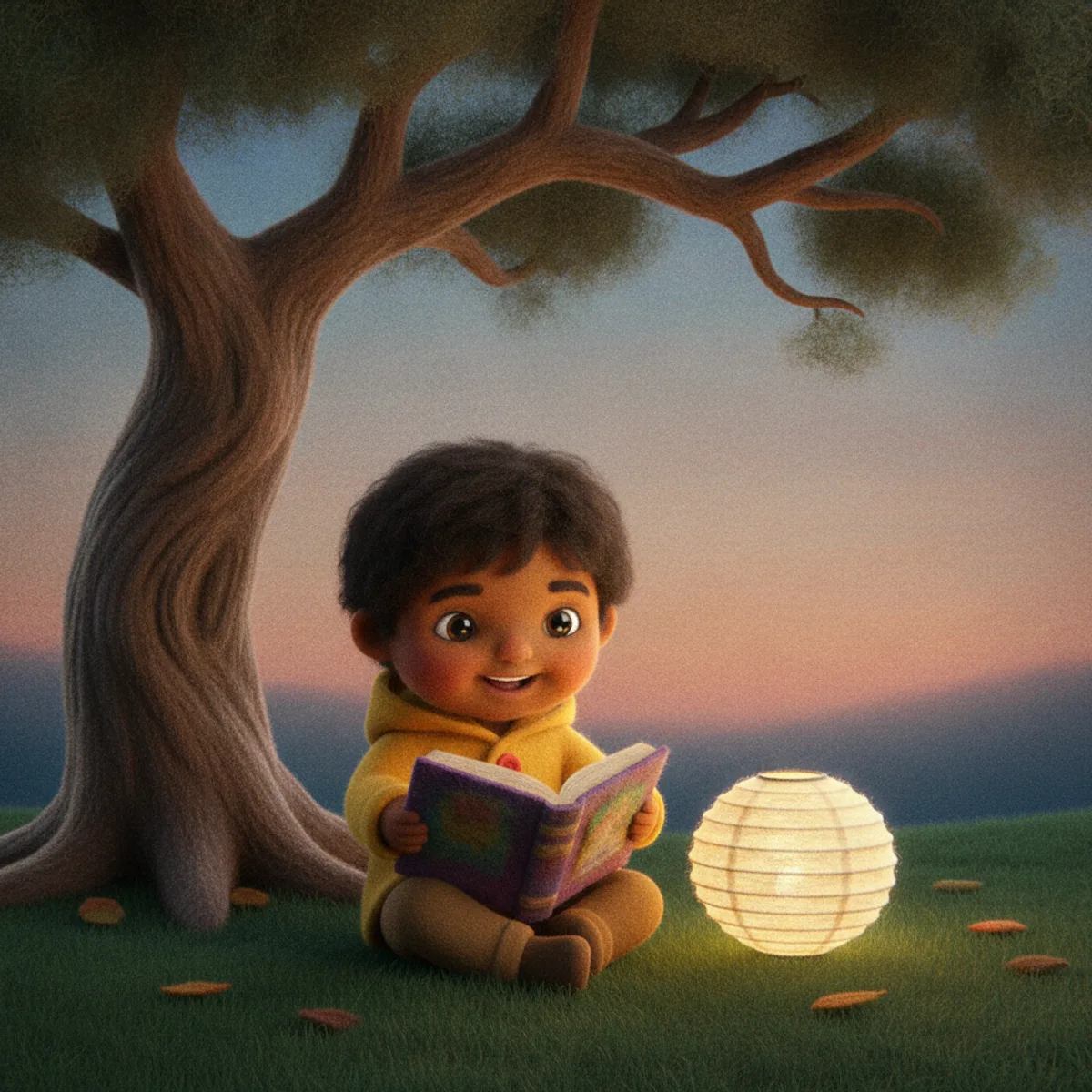 Ravi illustrated in the Felt & textile style — reading under a tree by a paper lantern