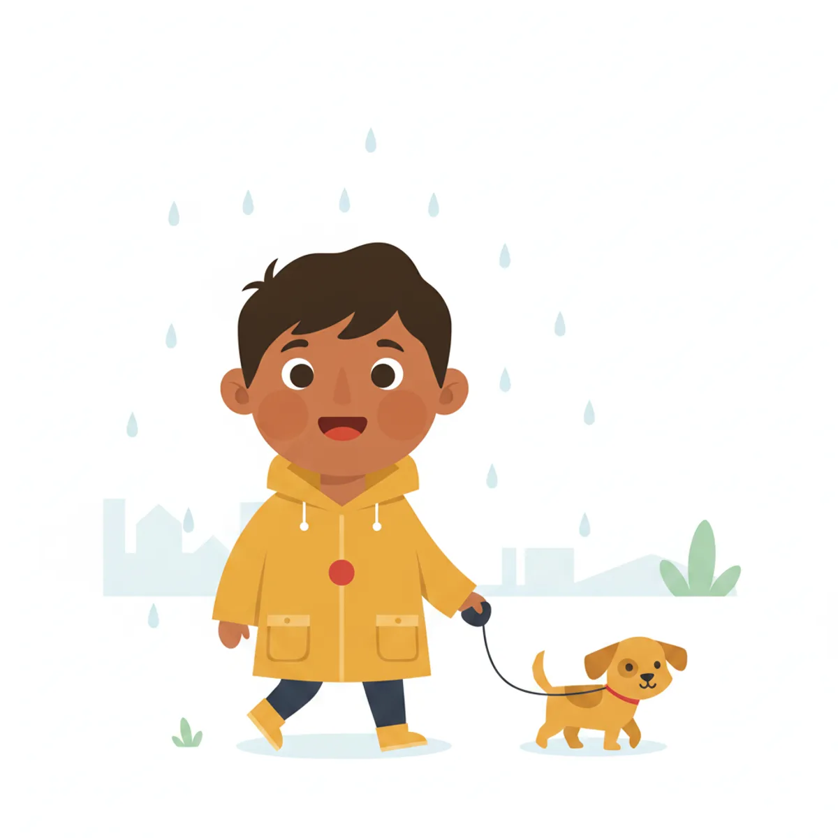 Ravi illustrated in the Minimalist flat style — walking a small dog in the rain