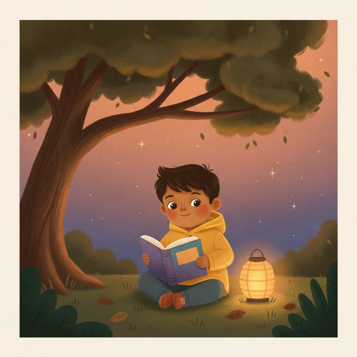 Ravi illustrated in the Gouache storybook style — reading under a tree by a paper lantern