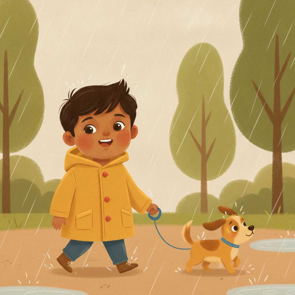 Ravi illustrated in the Gouache storybook style — walking a small dog in the rain