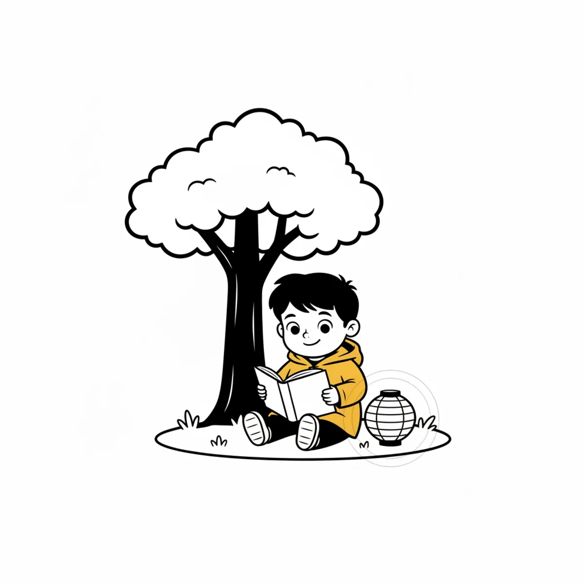 Ravi illustrated in the High-contrast baby style — reading under a tree by a paper lantern