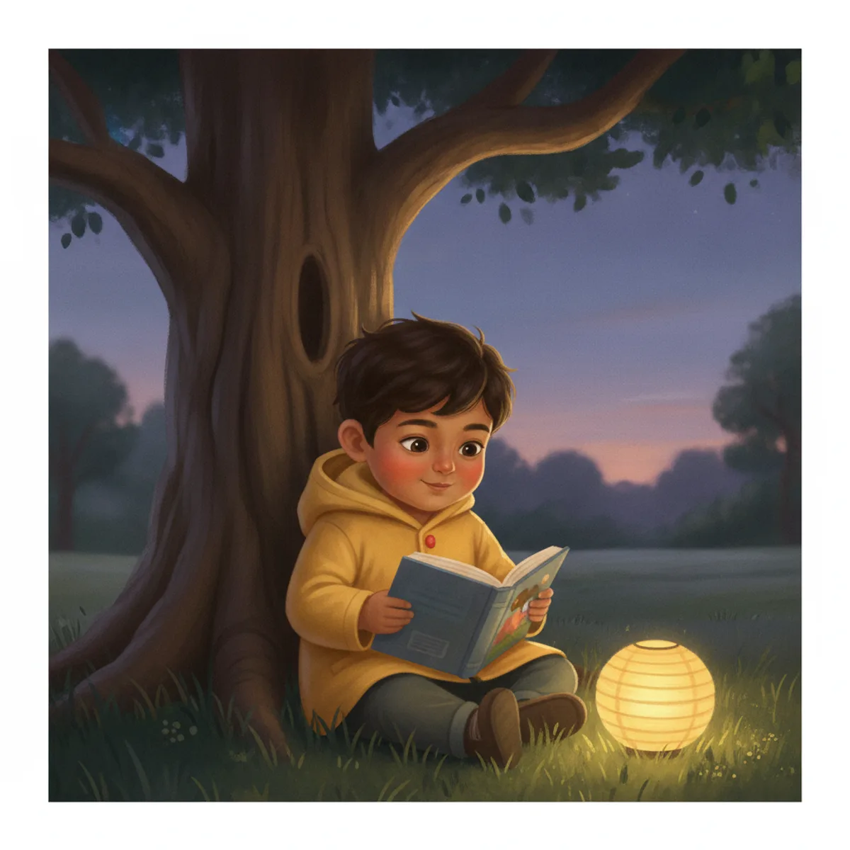 Ravi illustrated in the Illustrated realism style — reading under a tree by a paper lantern