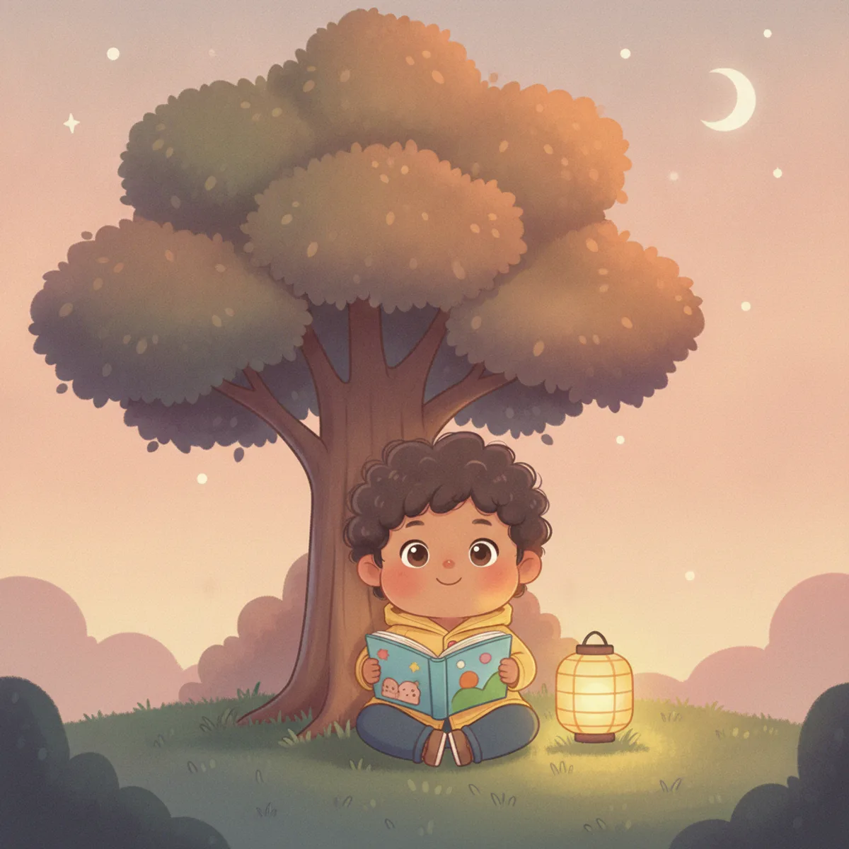 Ravi illustrated in the Kawaii chibi style — reading under a tree by a paper lantern