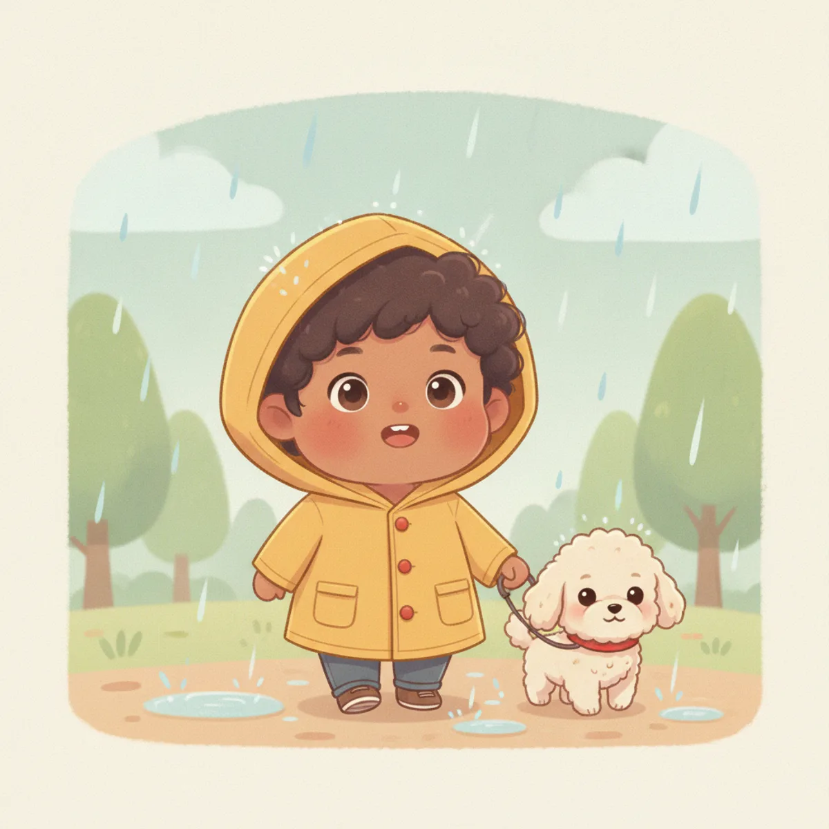 Ravi illustrated in the Kawaii chibi style — walking a small dog in the rain