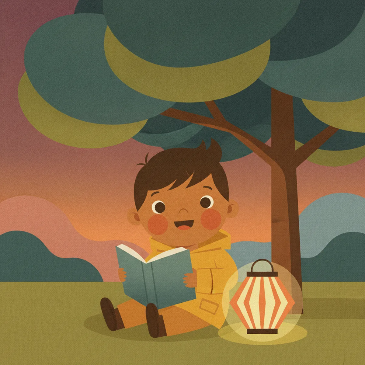 Ravi illustrated in the Mid-century modern style — reading under a tree by a paper lantern