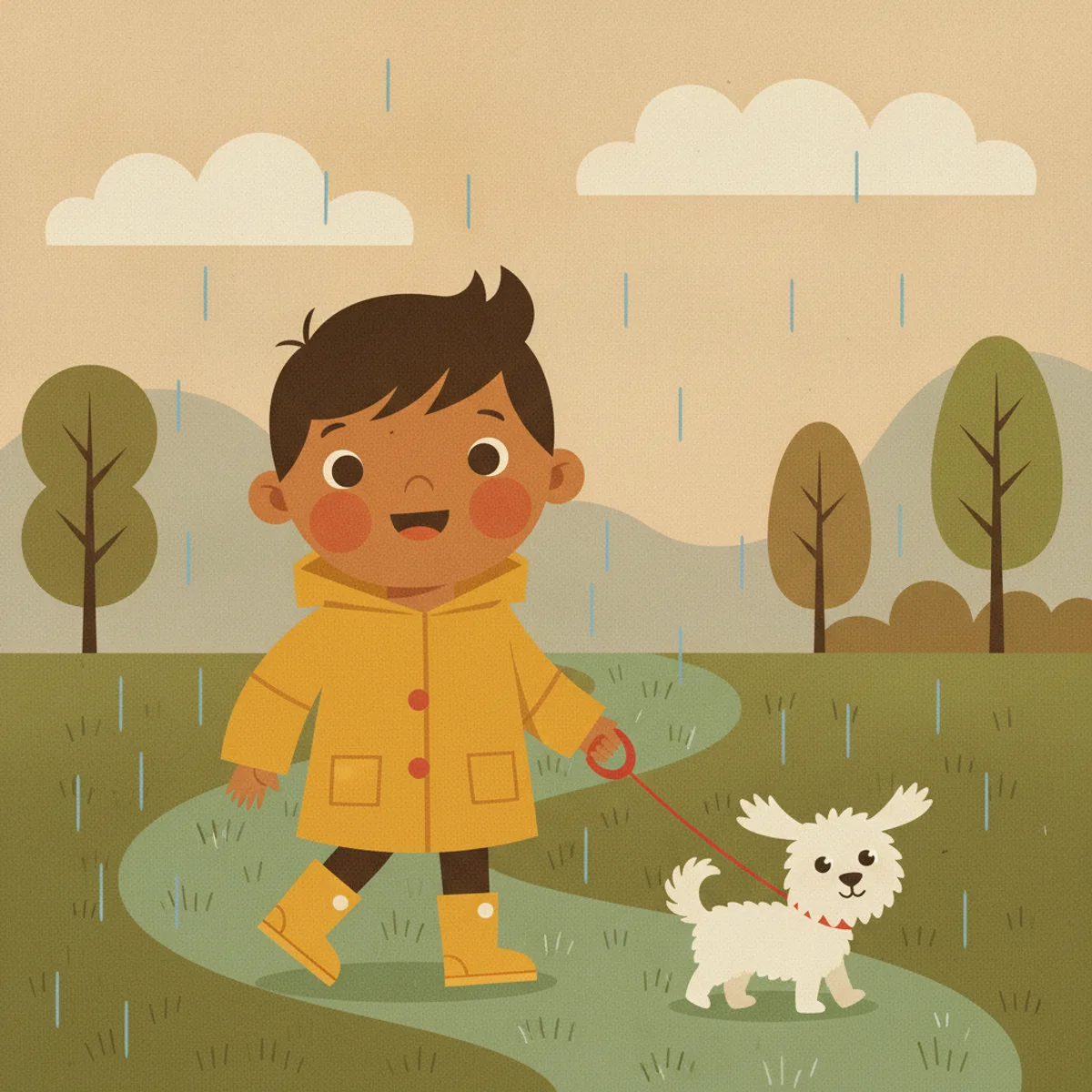 Ravi illustrated in the Mid-century modern style — walking a small dog in the rain