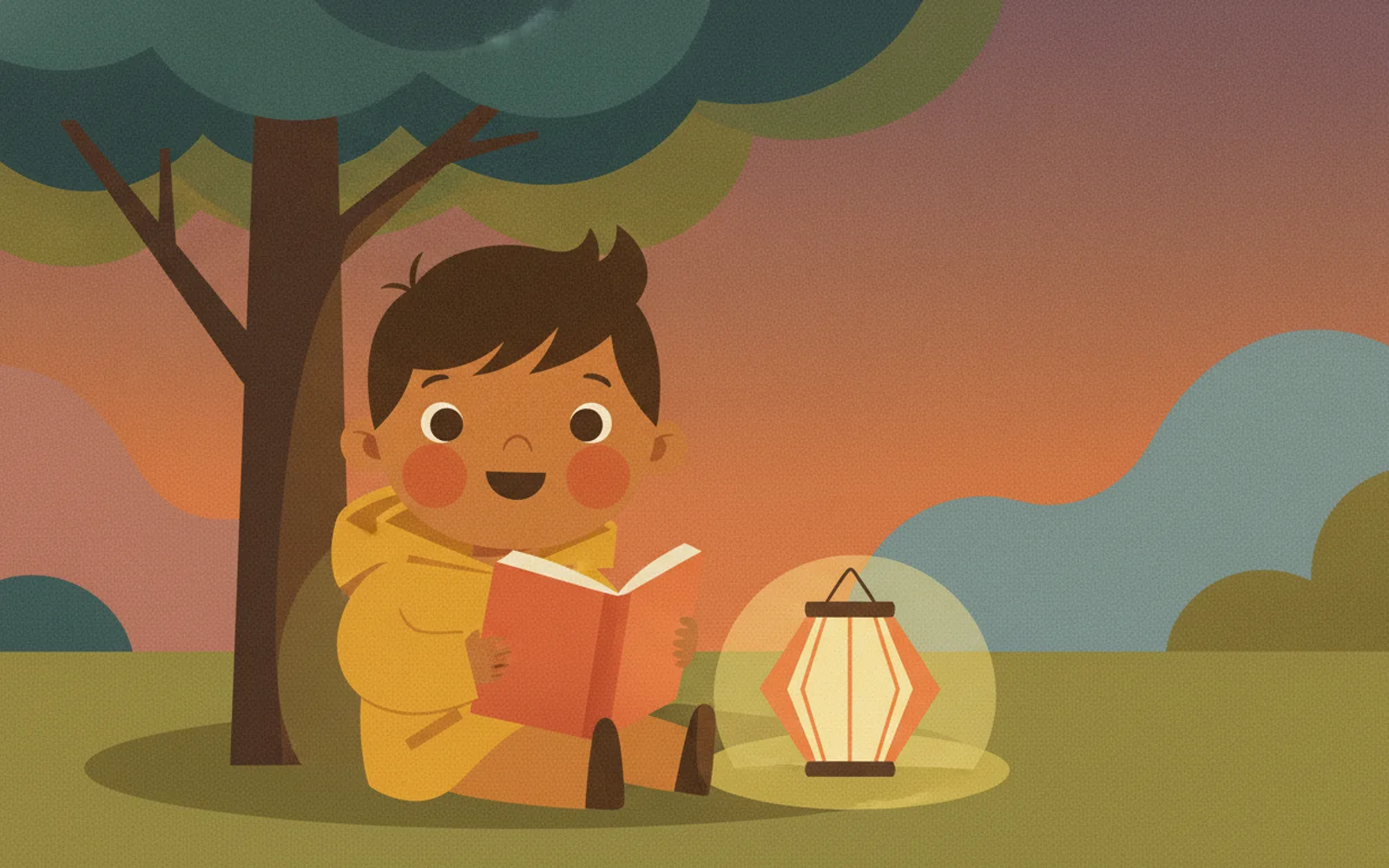 Ravi illustrated in the Mid-century modern style — reading under a tree by a paper lantern
