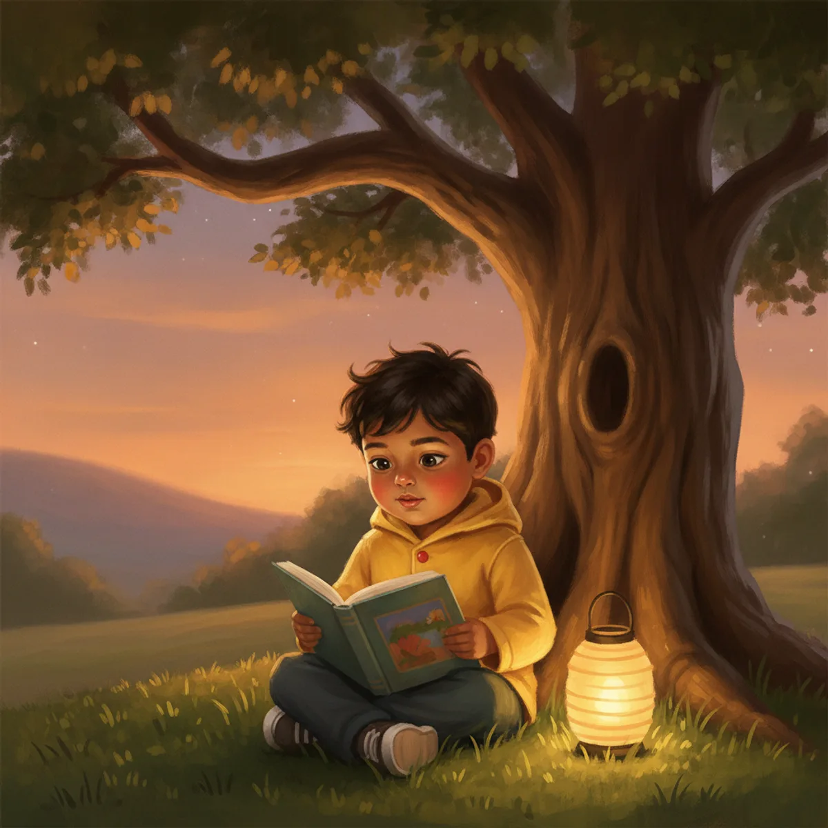 Ravi illustrated in the Oil painting storybook style — reading under a tree by a paper lantern