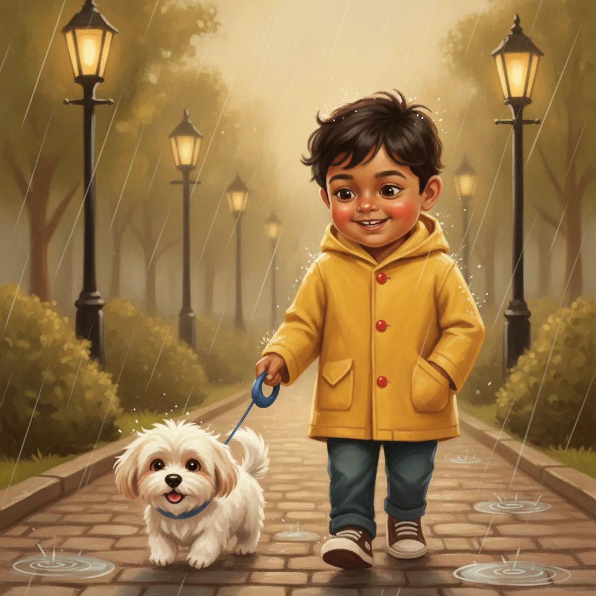 Ravi illustrated in the Oil painting storybook style — walking a small dog in the rain