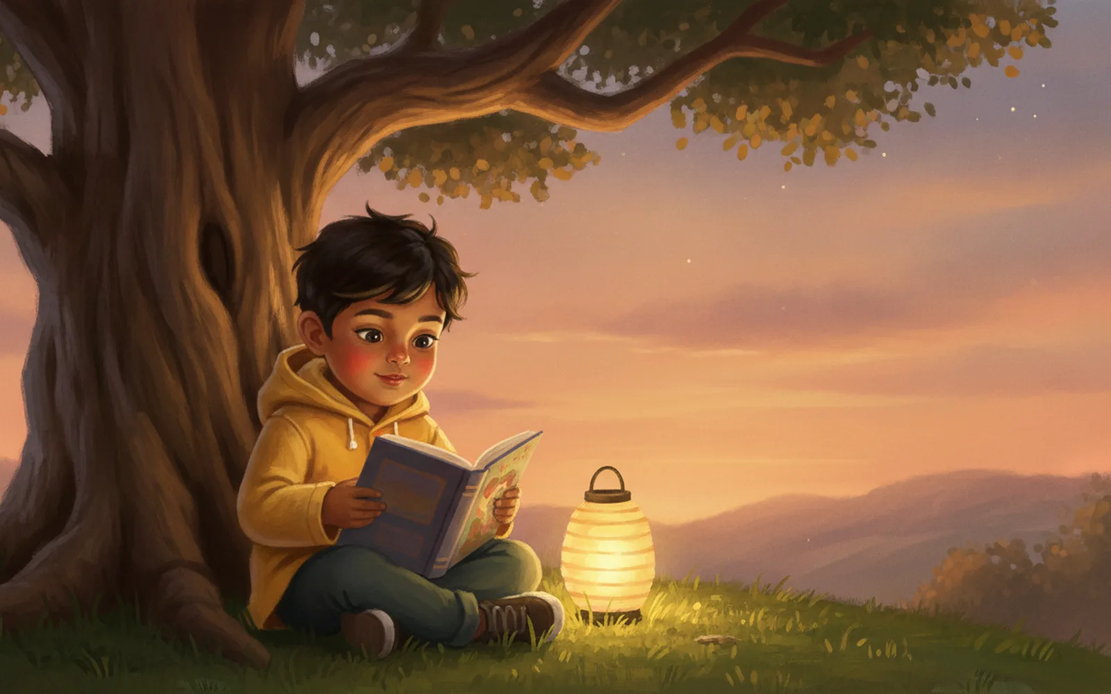 Ravi illustrated in the Oil painting storybook style — reading under a tree by a paper lantern