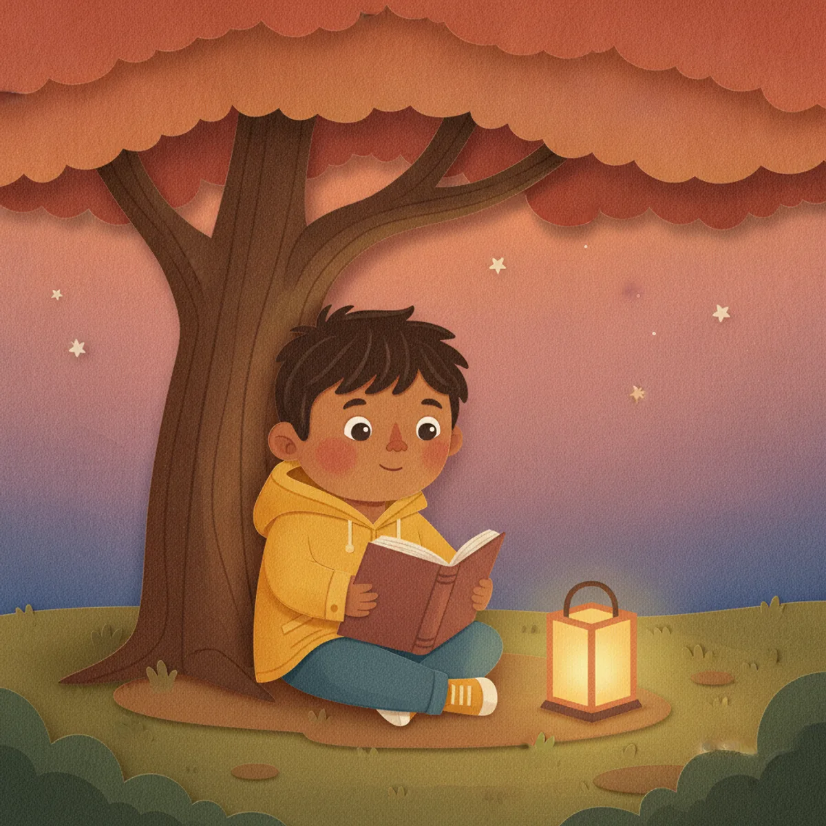 Ravi illustrated in the Paper collage style — reading under a tree by a paper lantern