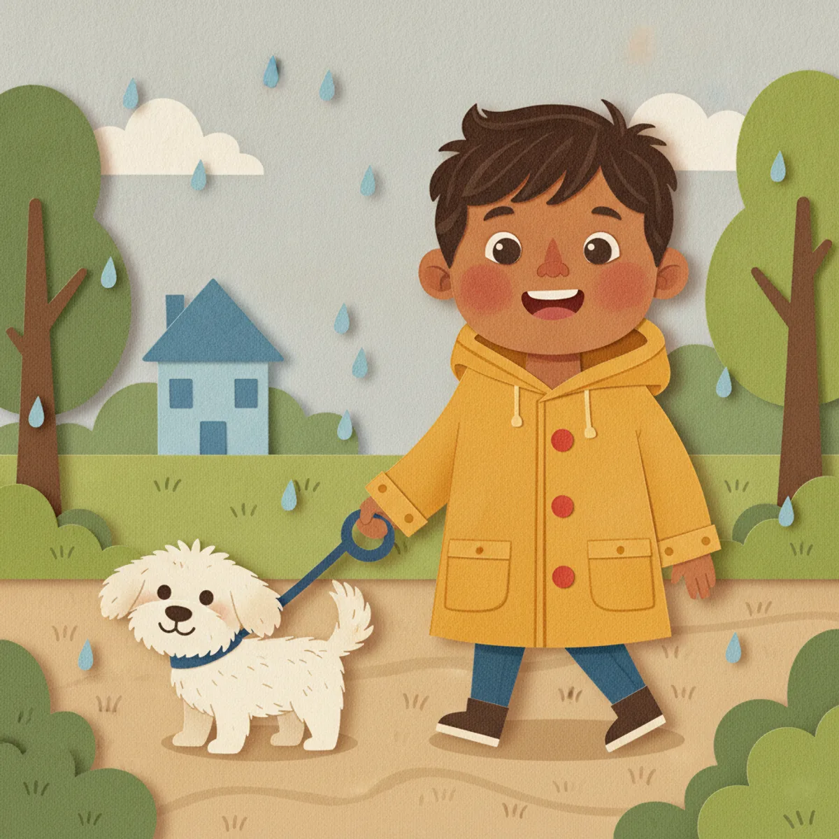 Ravi illustrated in the Paper collage style — walking a small dog in the rain