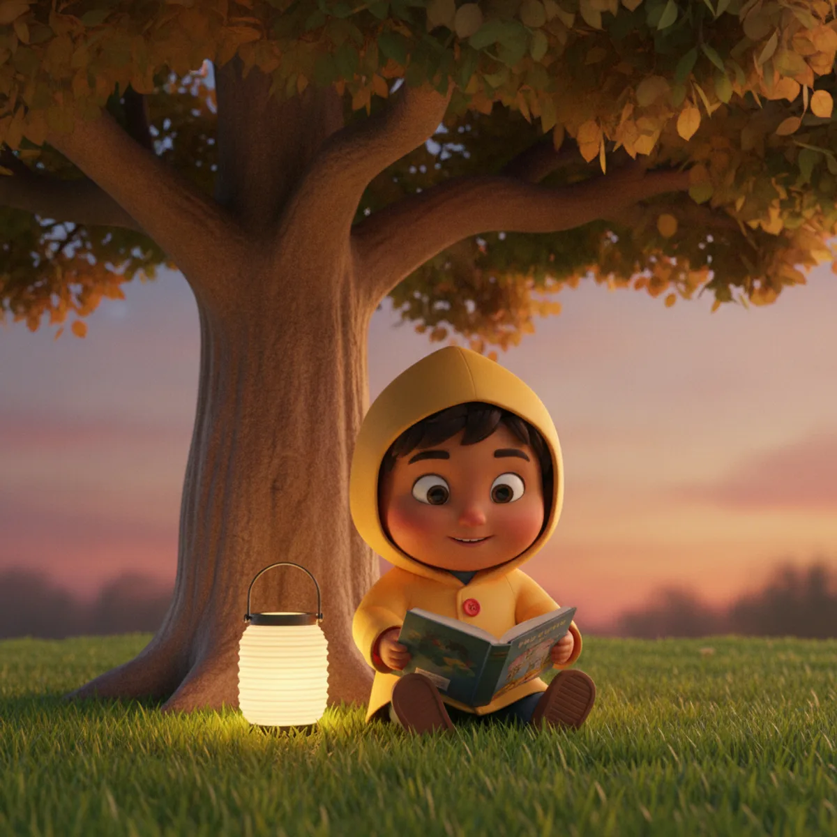 Ravi illustrated in the 3D Pixar-style style — reading under a tree by a paper lantern