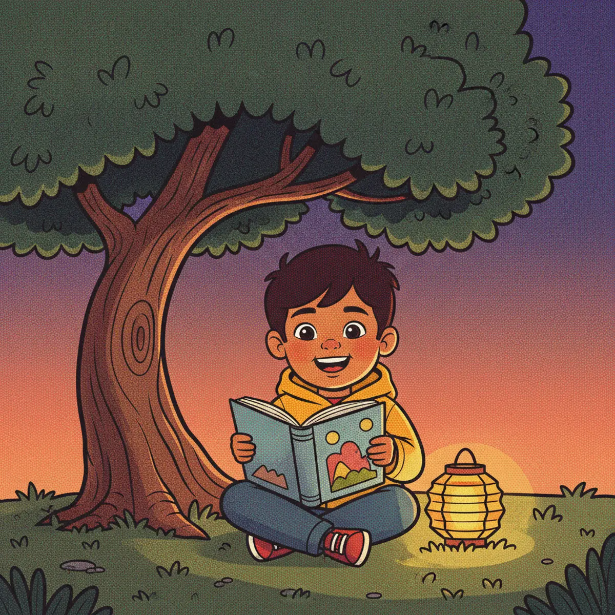 Ravi illustrated in the Pop art style — reading under a tree by a paper lantern