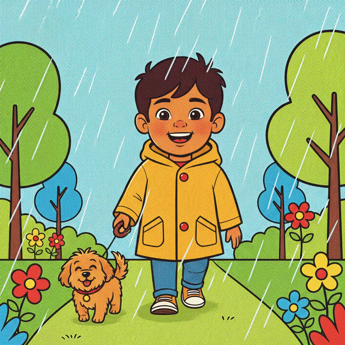 Ravi illustrated in the Pop art style — walking a small dog in the rain