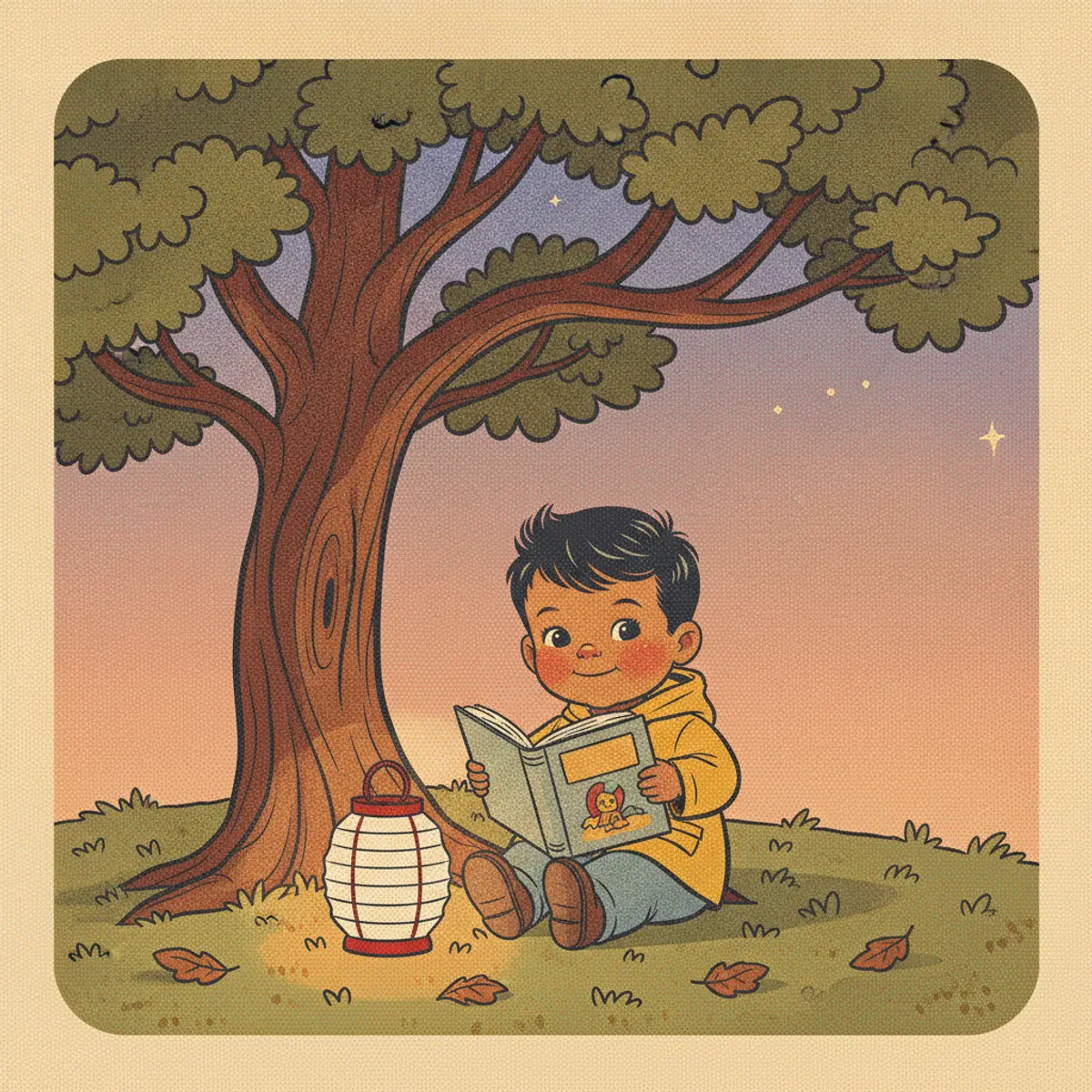 Ravi illustrated in the Retro storybook style — reading under a tree by a paper lantern