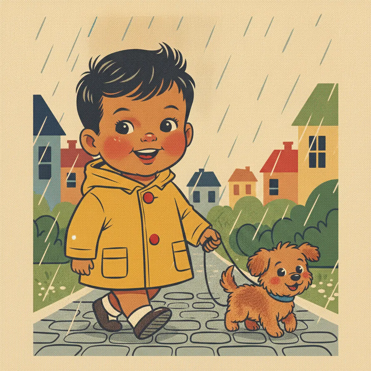 Ravi illustrated in the Retro storybook style — walking a small dog in the rain